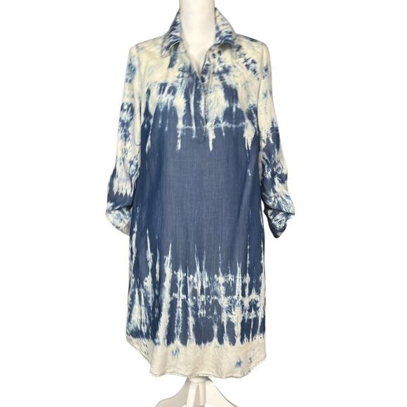 Soft Surroundings Tunic Dress Size Medium Tie Dye Blue Roll Tab Sleeves Boho - Picture 1 of 7
